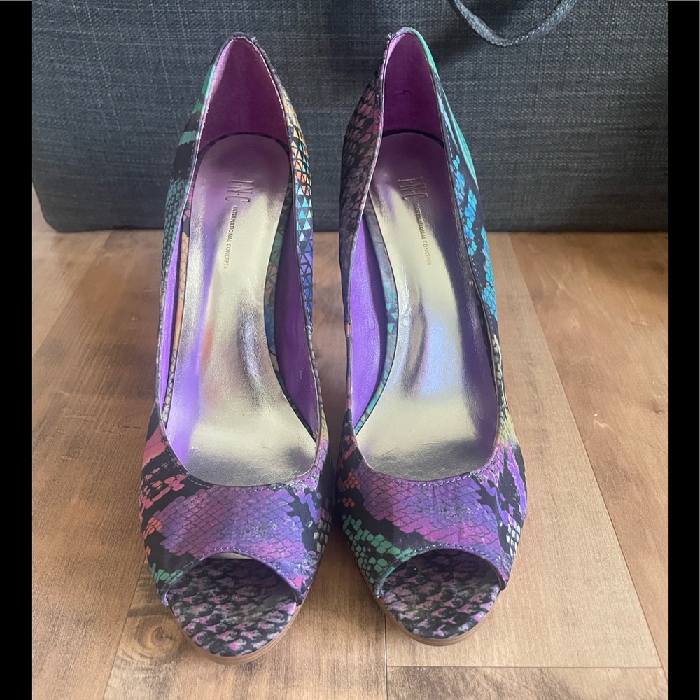 INC multicolor snakeskin open toe heels